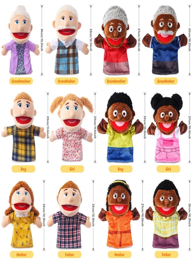 ZJoey 12 Pcs Family Hand Puppets 12 Inch Grandparents Mom Dad Brother Sister Plush Toys Role-Play Toy Puppets for Kids Storytelling Imaginative Pretend Play Teaching Preschool(Multicultural Family) - Image 2